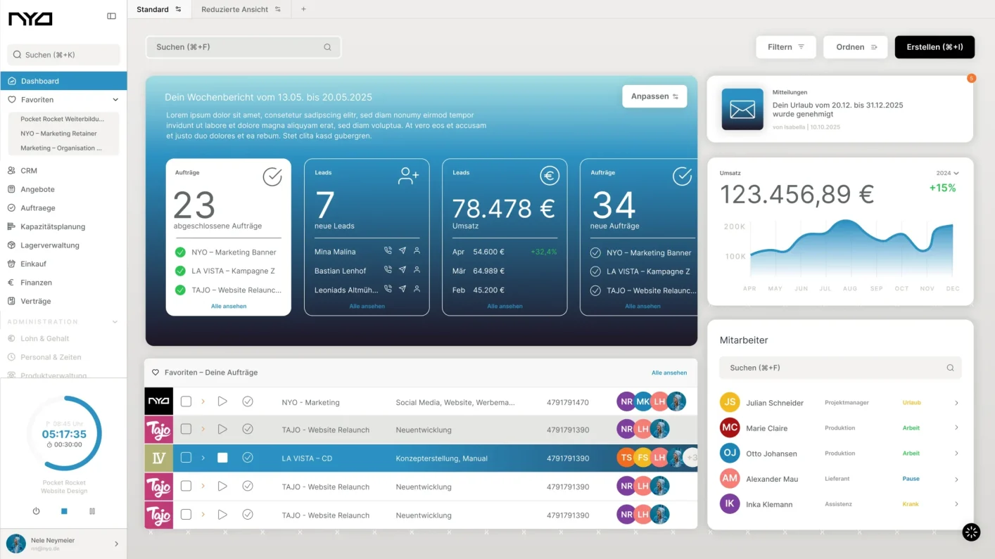 NYO Business Software — Dashboard mit Aufträgen, Leads, Umsatz und Team-Übersicht