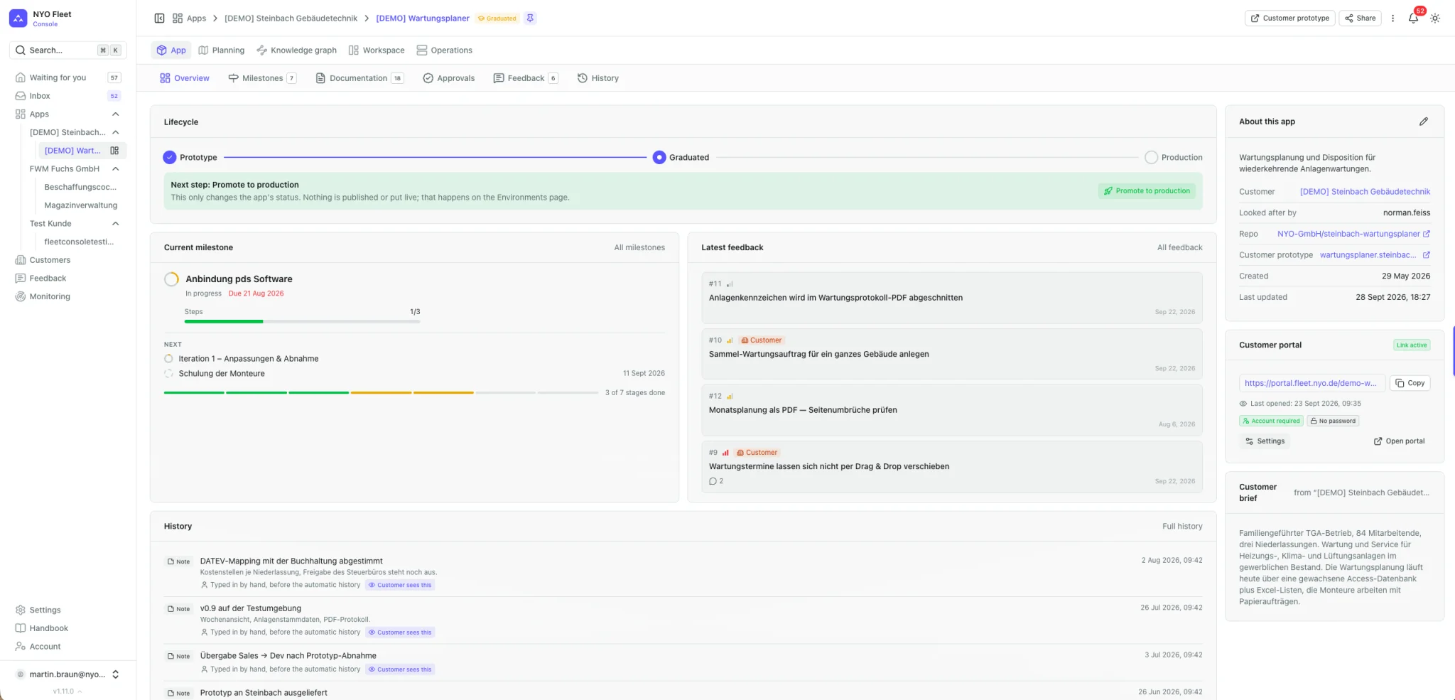 NYO Fleet Console — Lifecycle von Prototyp über Graduated bis Production, aktueller Meilenstein, Kundenfeedback und Projekthistorie auf einen Blick
